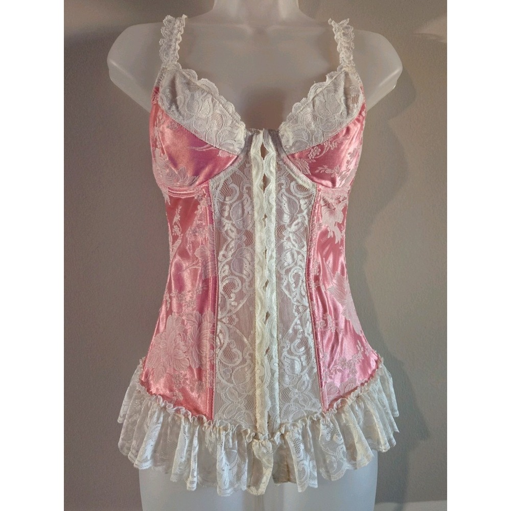 Shirley of Hollywood Pink Floral Satin Lace Bustier Corset 36/38 C/D Estimated